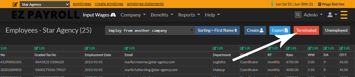 Click the terminated button